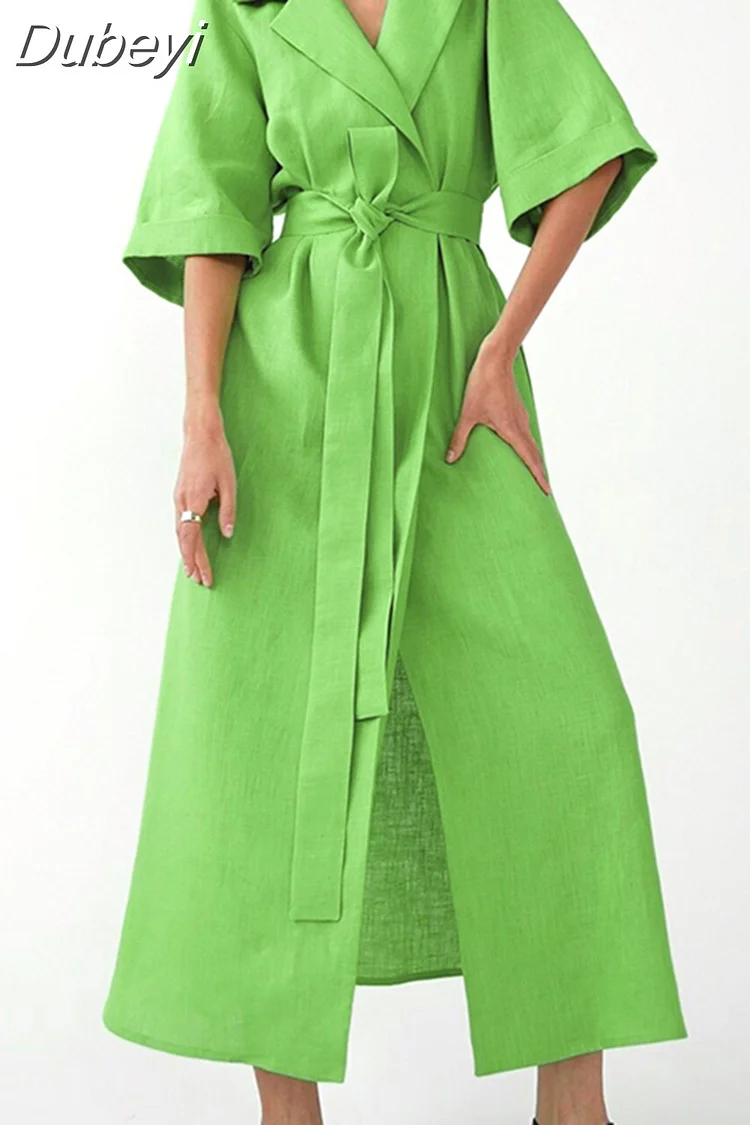 Dubeyi Cotton Linen Long Wrap Summer Dresses Woman Belt Lace Up Notched Office Women Dress A-Line Elegant Split Dress Robe Femme