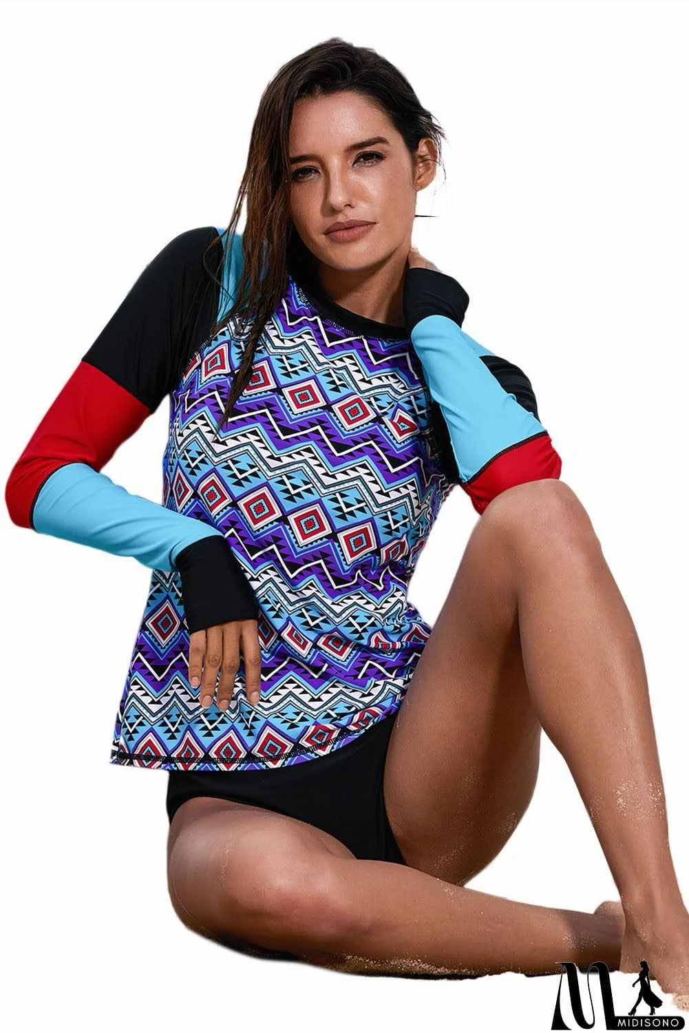 MidiSono - Chic Geometry Coloblock Long Sleeve Rashguard