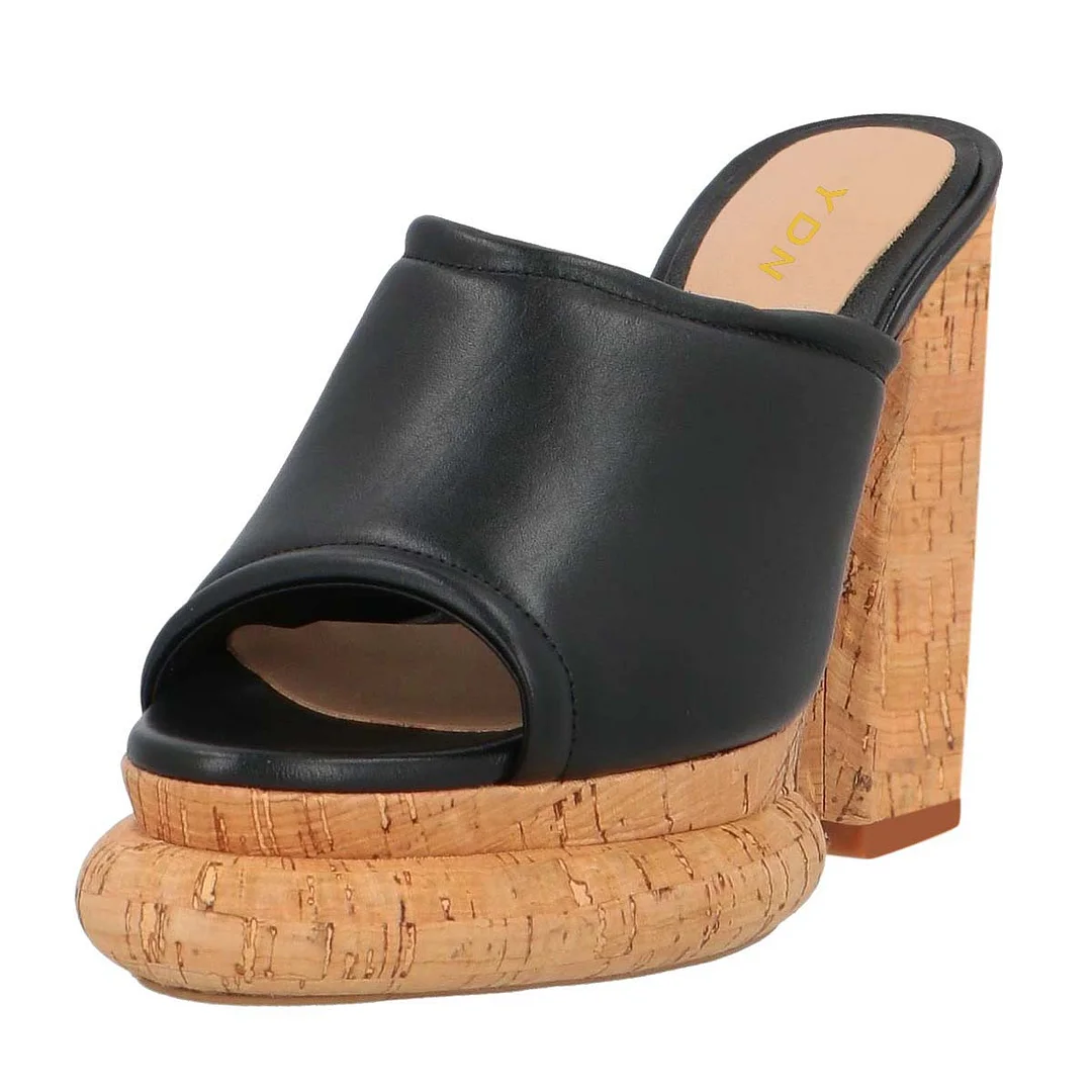 Casual Black Peep Toe Platform Chunky High Heel Mules for Women