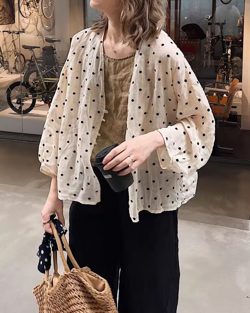 Polka Dot Pattern V Neck Three Quarter Sleeve Loose Shirt Cardigan