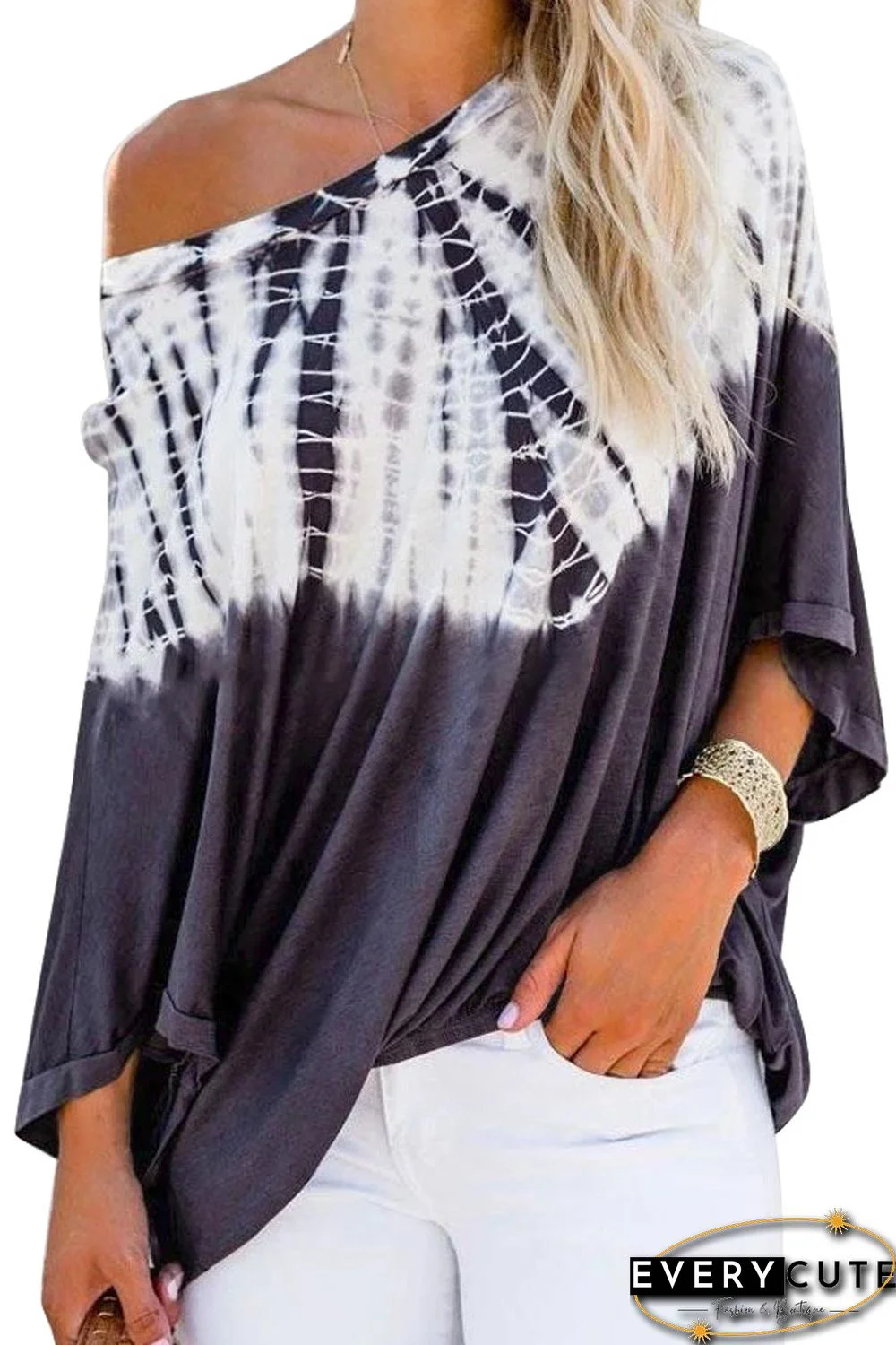 Blue Tie-Dye Print Long Batwing Sleeve Loose Casual Blouse