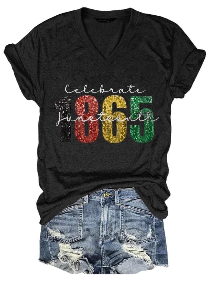 Women's Celebrate Juneteenth 1865 Print Casual V-Neck Tee 