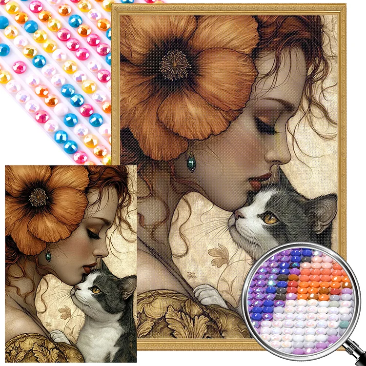 Girl And Cat - Full Round(Partial AB Drill) - Diamond Painting(45*65cm)