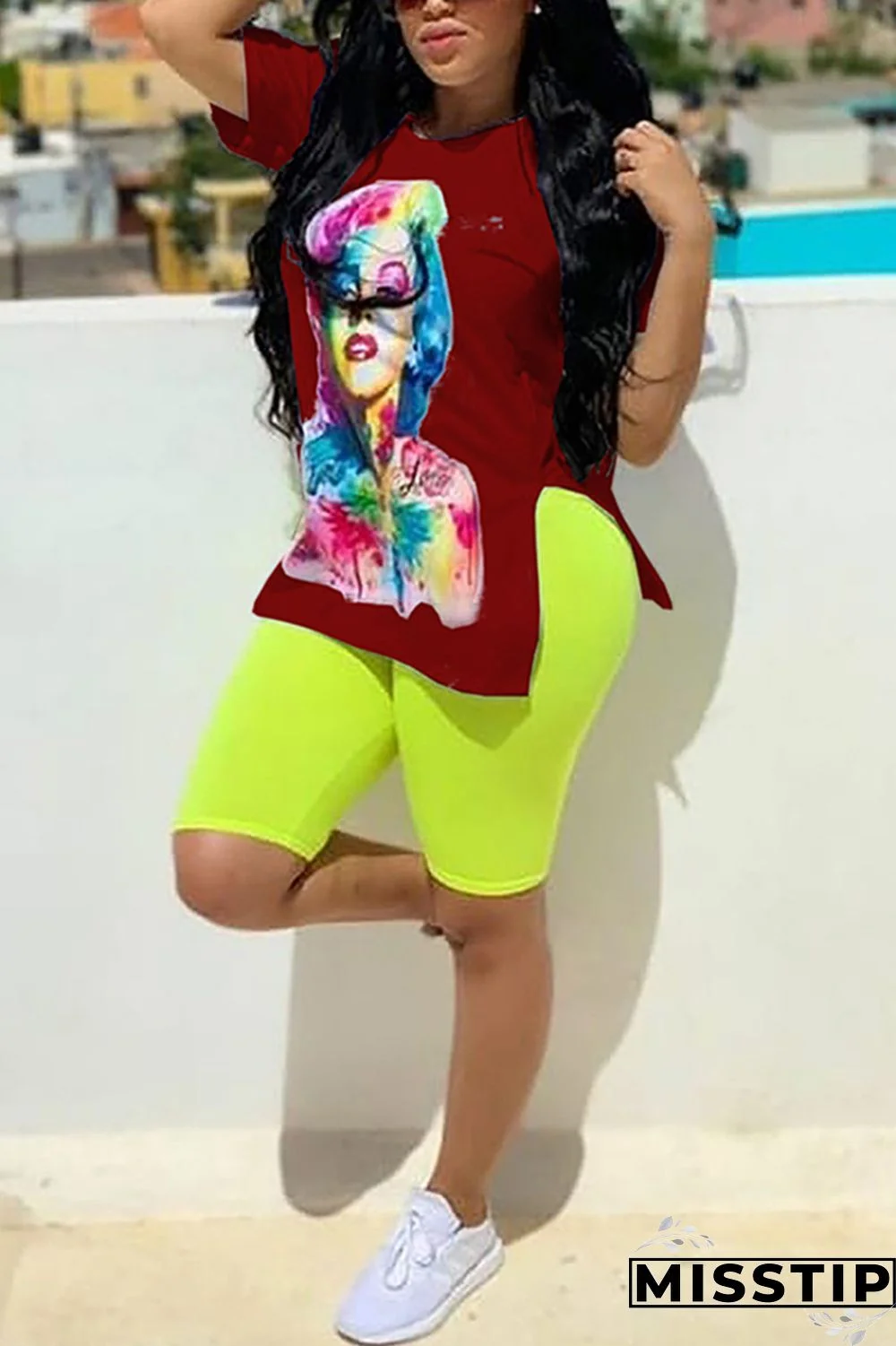 Wine Red Fashion Casual Color Printing Top Suit