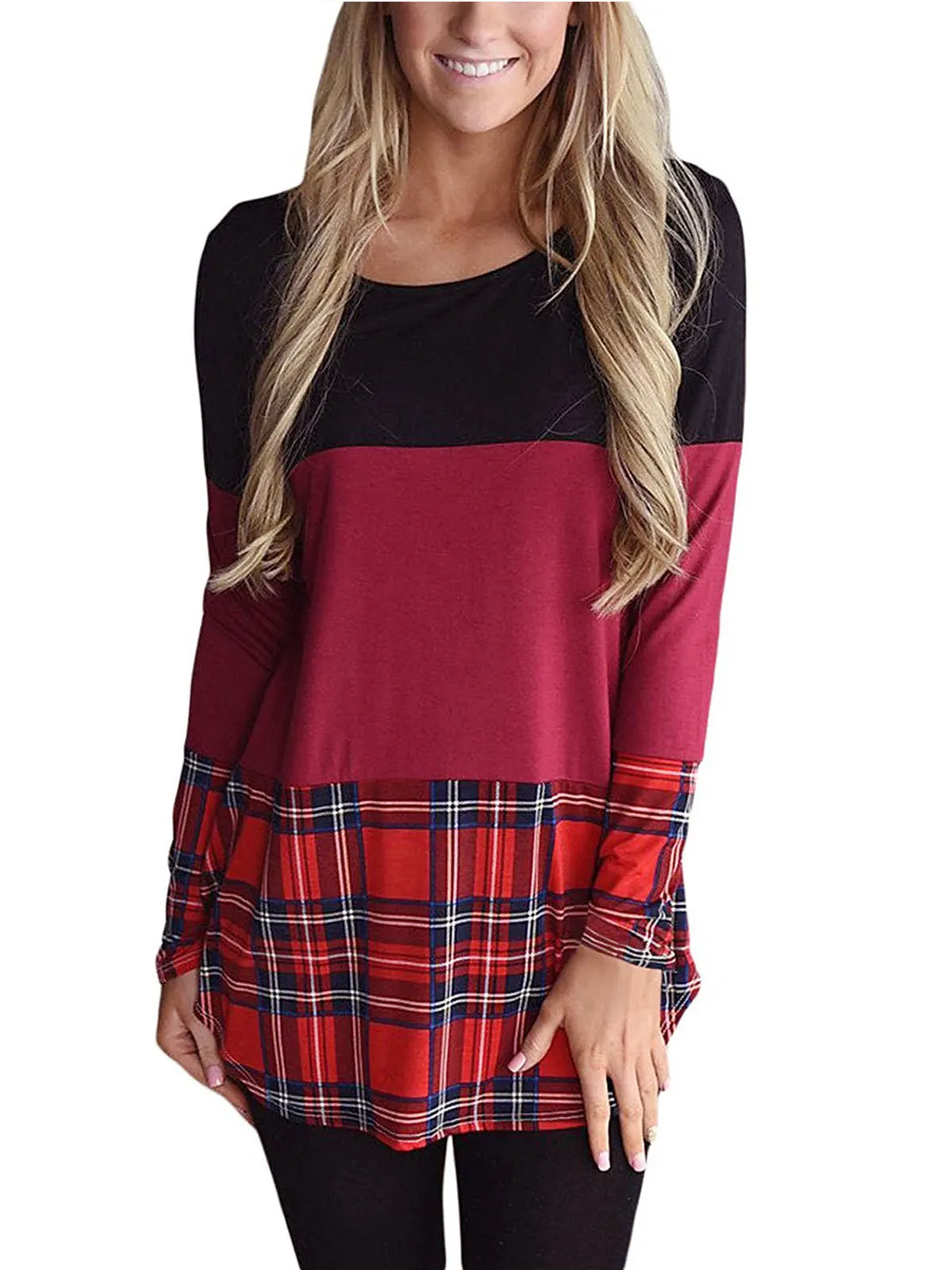 Women's Scoop Neck Long Sleeve Plaid Tops