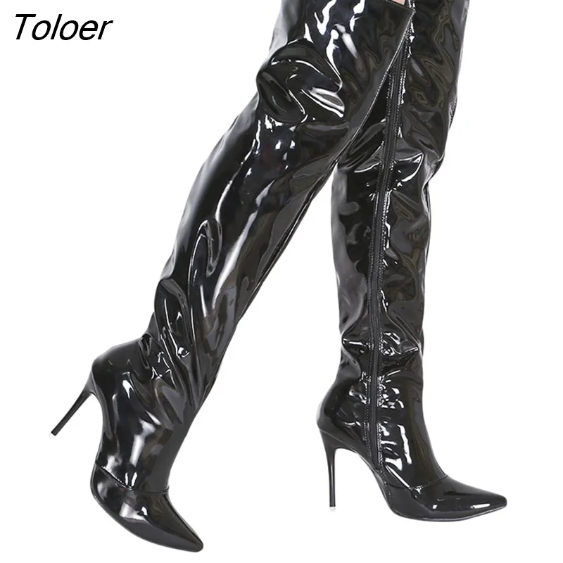 Toloer Silver Mirror Thigh High Boots Women T Show Pointy Toe Club Party Shoes Thin High Heels Over The Knee Long Boots For Women