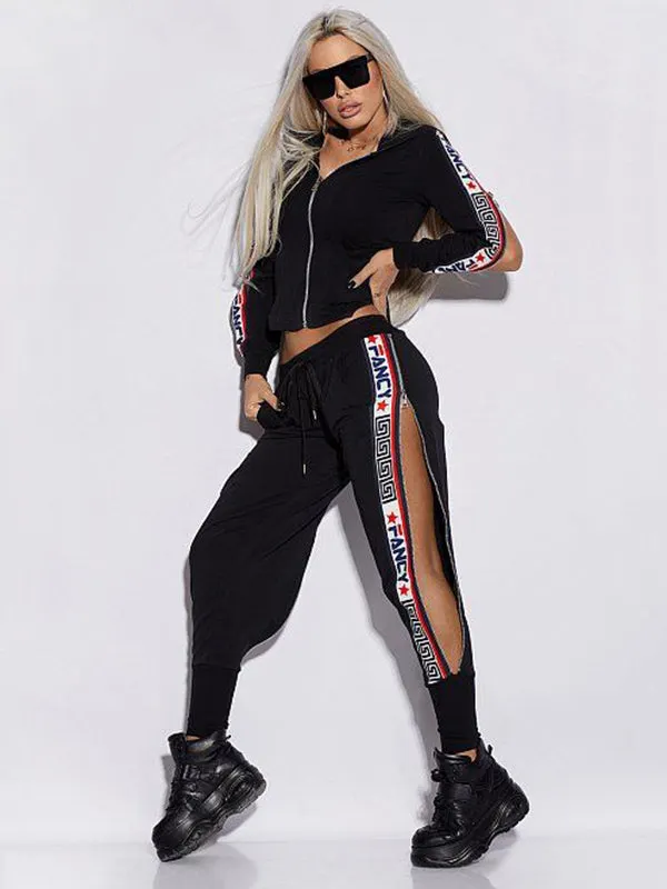 Long Sleeves Letter Print Split-Side Zipper Hooded Jackets+Pants Two Pieces Set