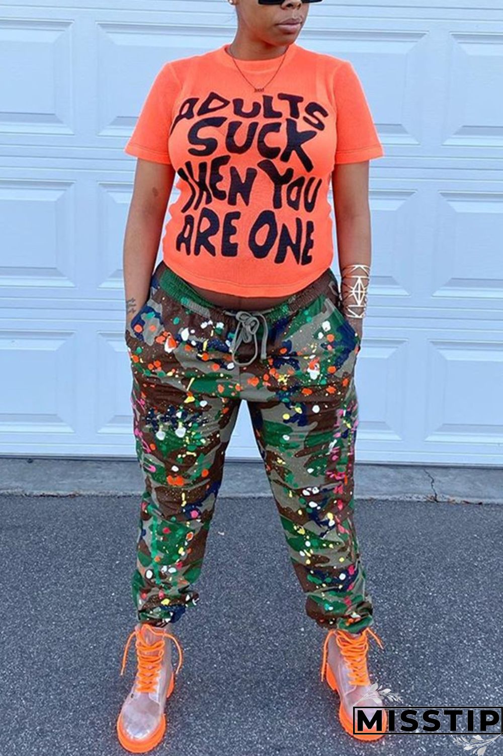 Green Fashion Camouflage Print Basic Regular Trousers