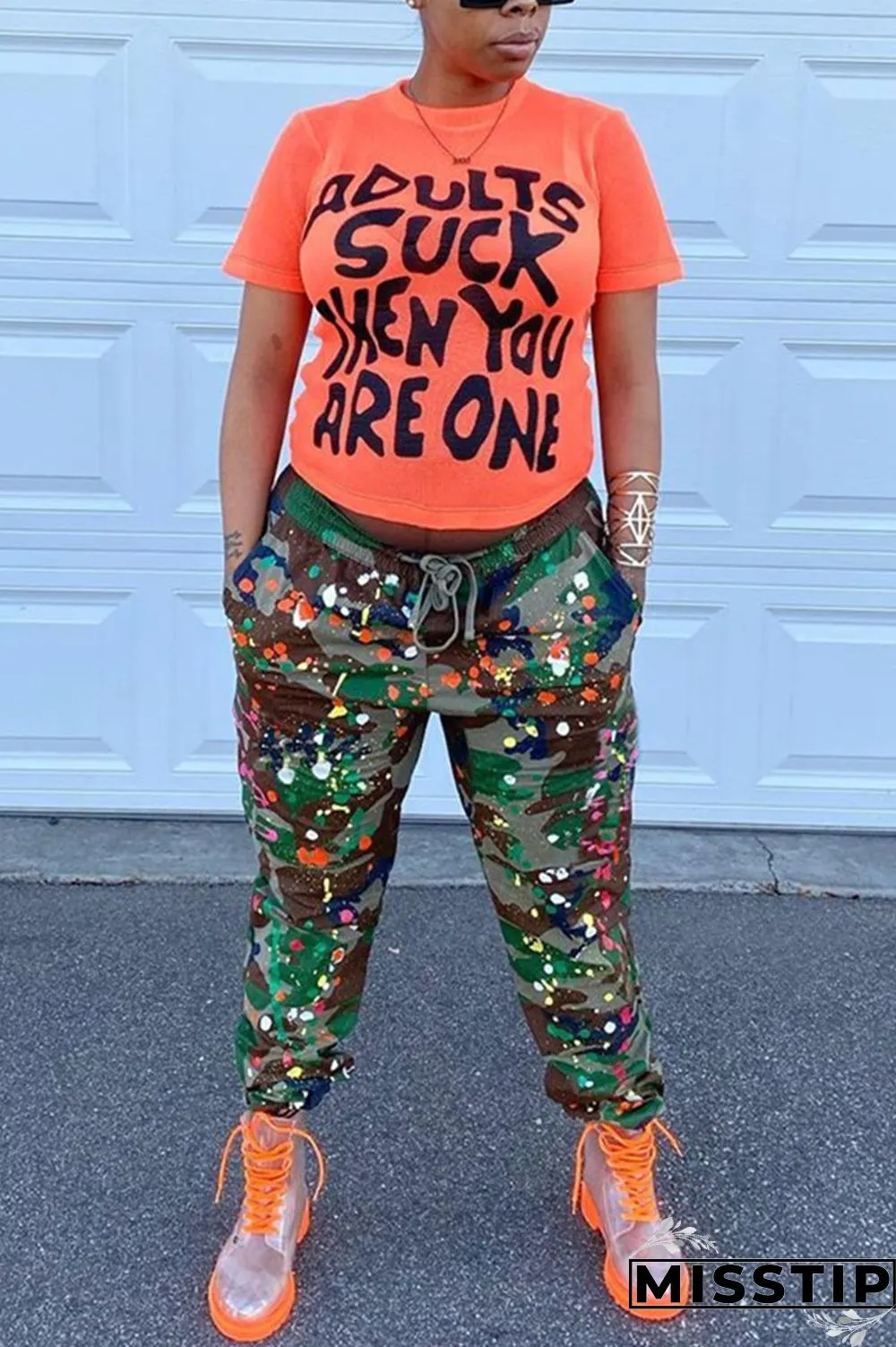 Green Fashion Camouflage Print Basic Regular Trousers