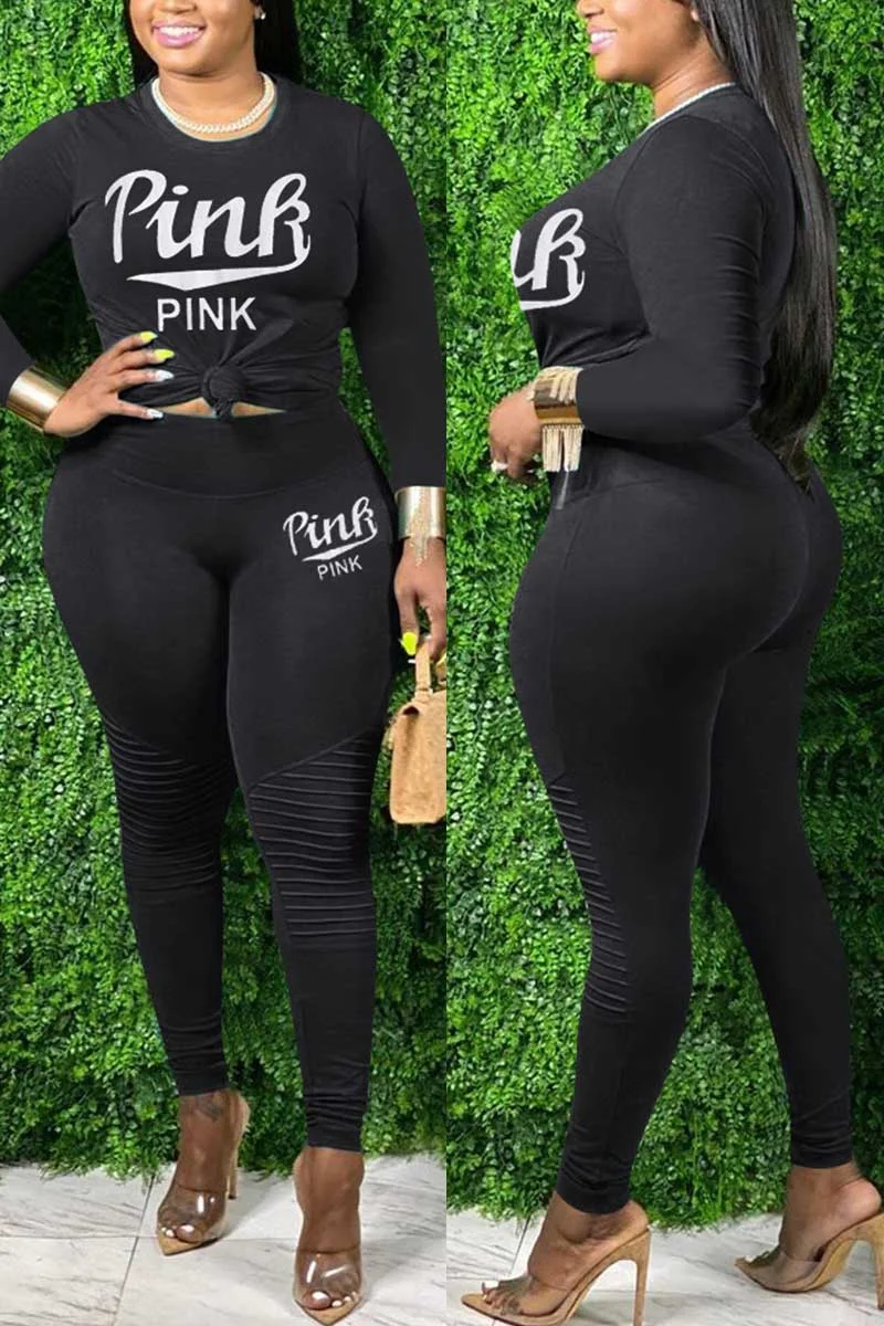 Casual Round Neck Letter Print Set