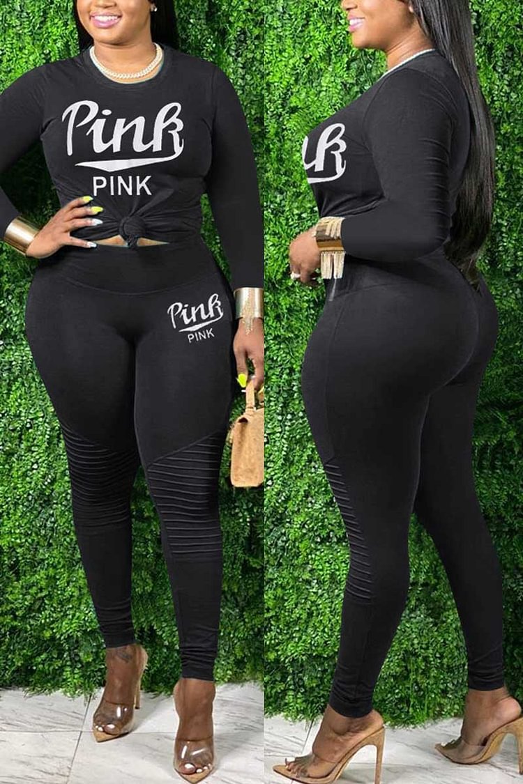 Casual Round Neck Letter Print Set - BlackFridayBuys