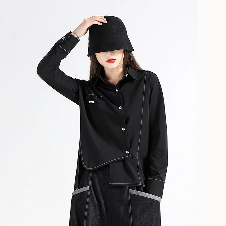 Fashion Loose Turn-down Collar Bright Line Decor Slanted Placket Asymmetrical Hem Long Sleeve Shirt