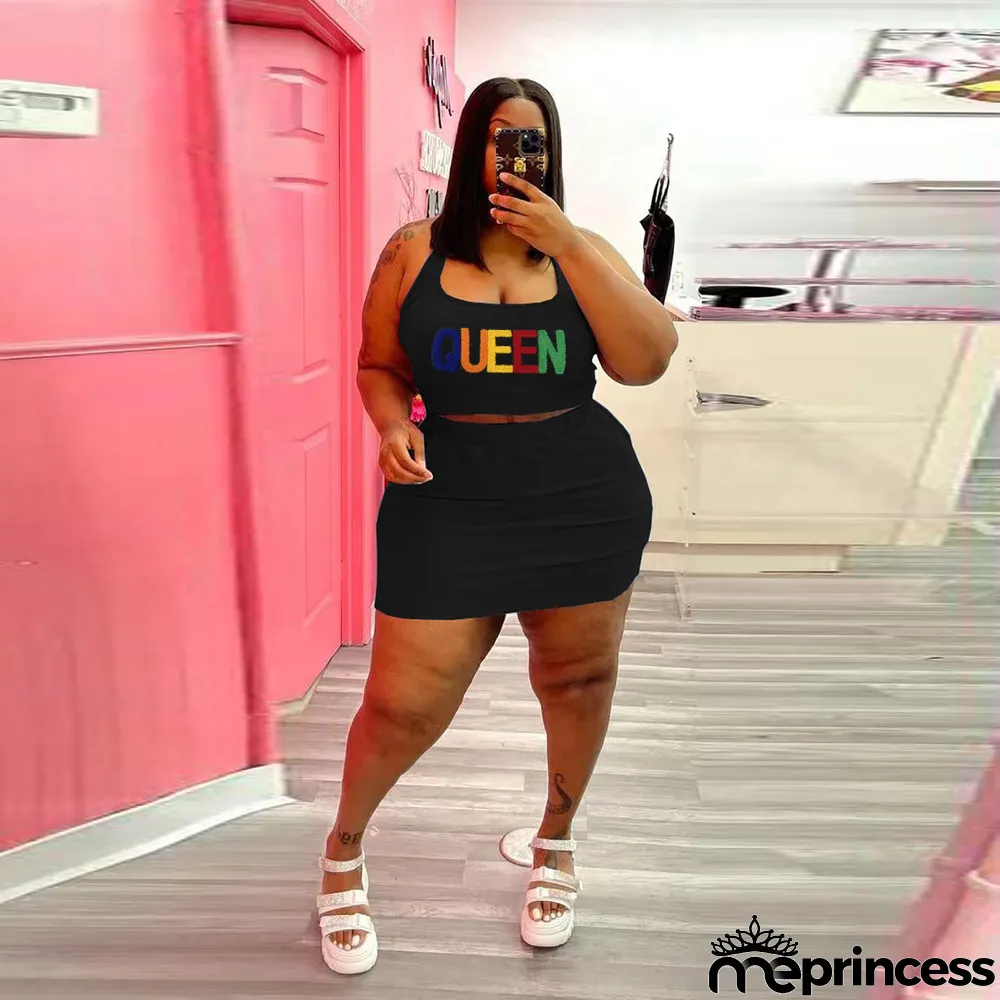 Plus Size Letter Print Tank Top Mini Skirt 2 Piece Sets