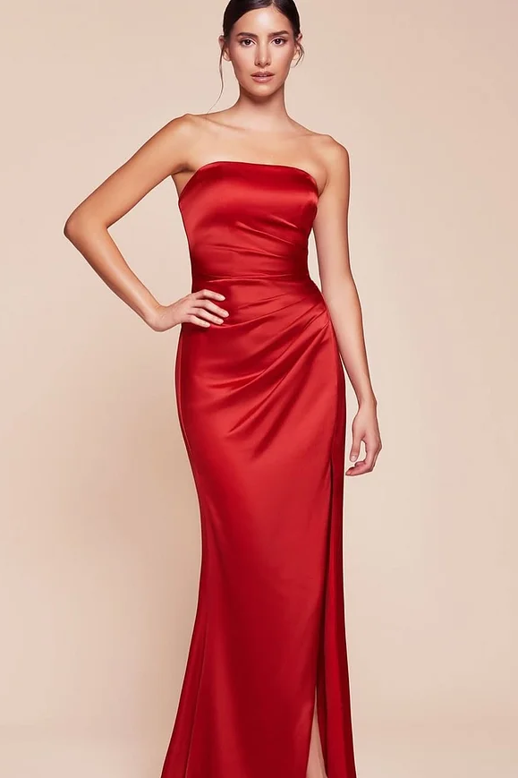 Daisda Simple Red Sleeveless Strapless Mermaid Pleated Prom Dress 