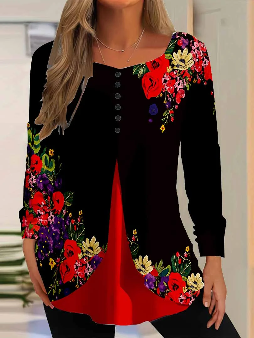 Women Floral,Black DZGG8317 Long Sleeve Scoop Neck Printed Graphic Button Fake 2in1 Tops
