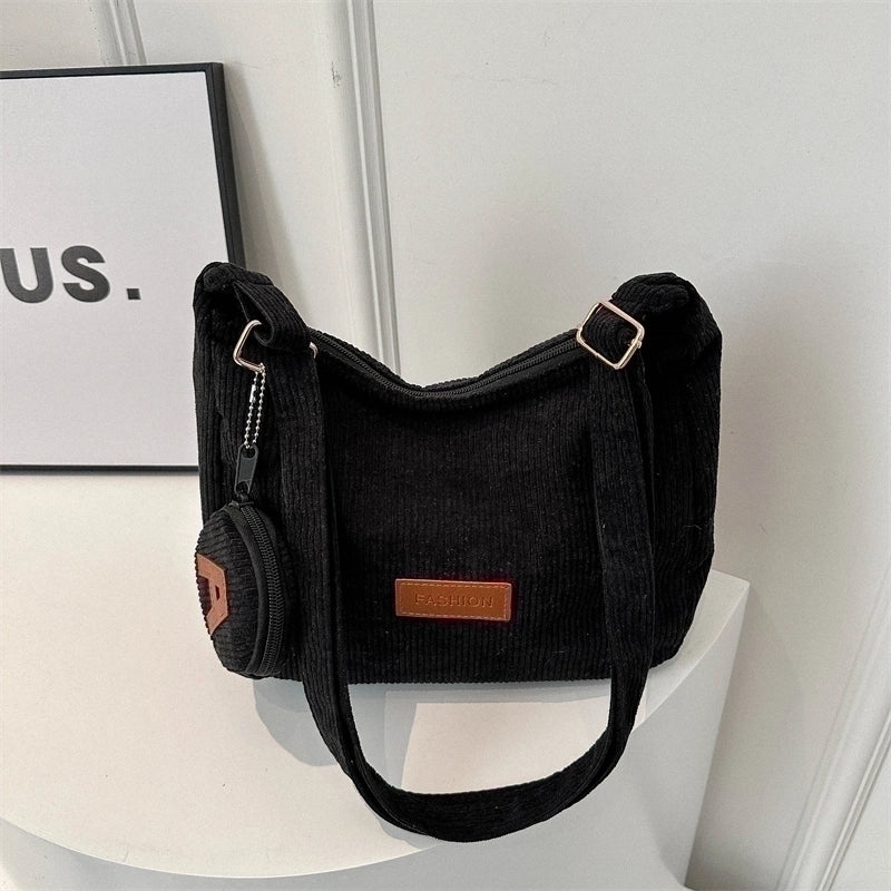 Women’s Corduroy Solid Color Classic Style Square Zipper Shoulder Bag