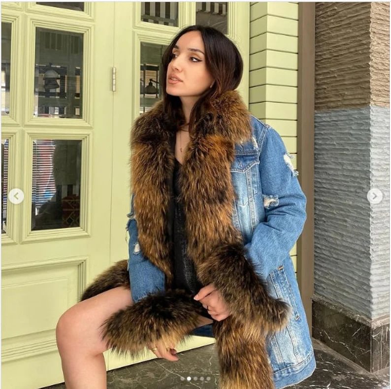 Denim Jacket /Lining is removable. Cuffs and Fronts Raccoon Fur- Denim Long Coat Women Winter Denim Jacket| Relaxed Fit Jacket Coat 120