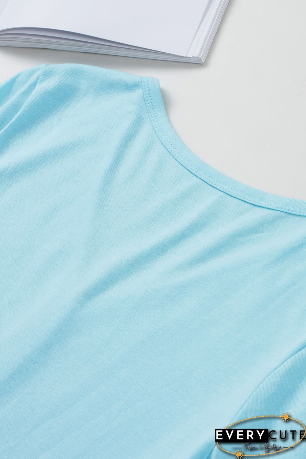 Sky Blue Leopard Color Block Buttoned V Neck T Shirt