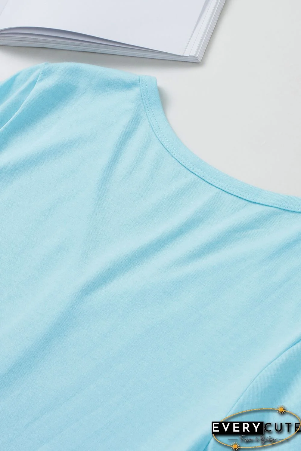 Sky Blue Leopard Color Block Buttoned V Neck T Shirt