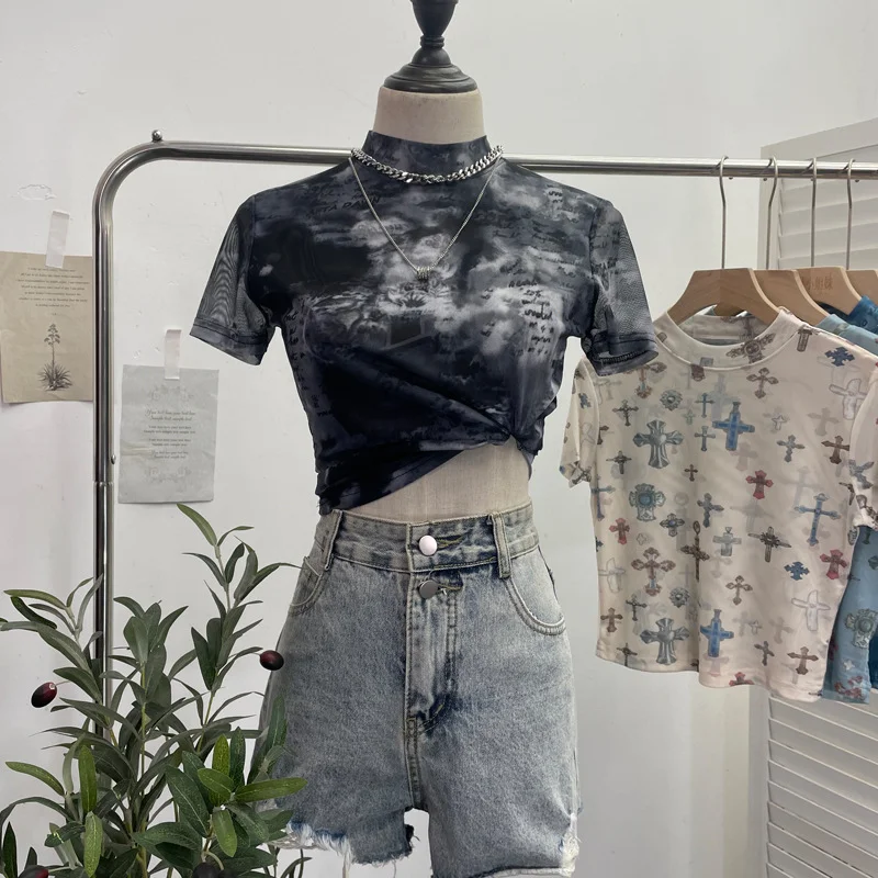 Nigikala Nigikala Shooting Retro Tie-Dye Double-Layer Mesh Half-High-Neck Short-Sleeved T-Shirt T-Shirt Short-Sleeved T-Shirted Woman 8833