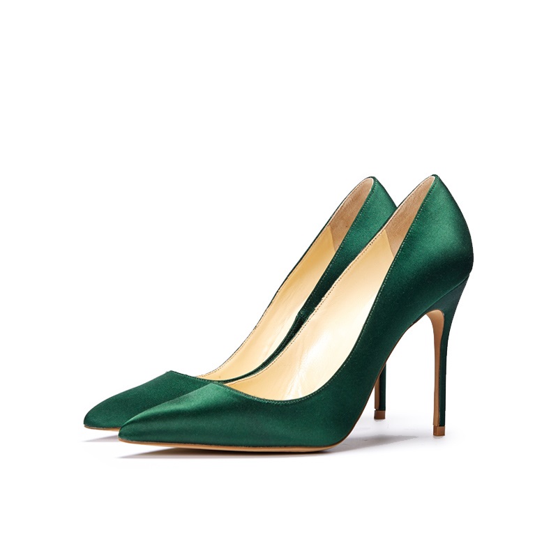 Green Satin Stiletto Heels Pointed Toe Dress Pumps for Women