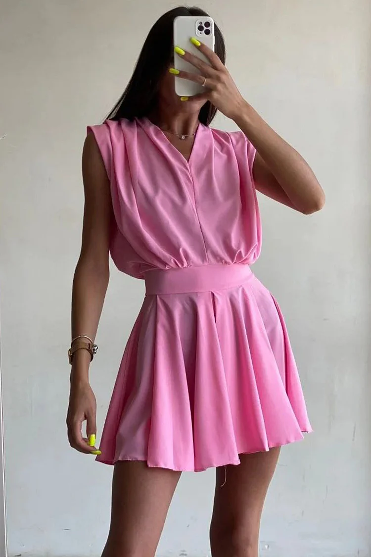 V Neck Backless Tied Up Pleated Cinch Waist Mini Dresses-Pink