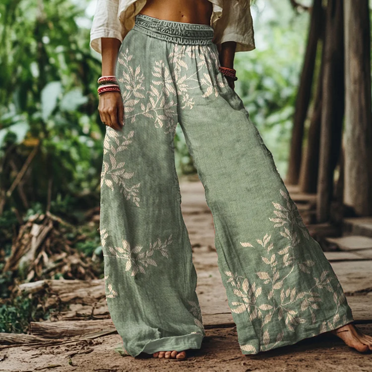 Vintage Art Print Loose Wide Leg Pants