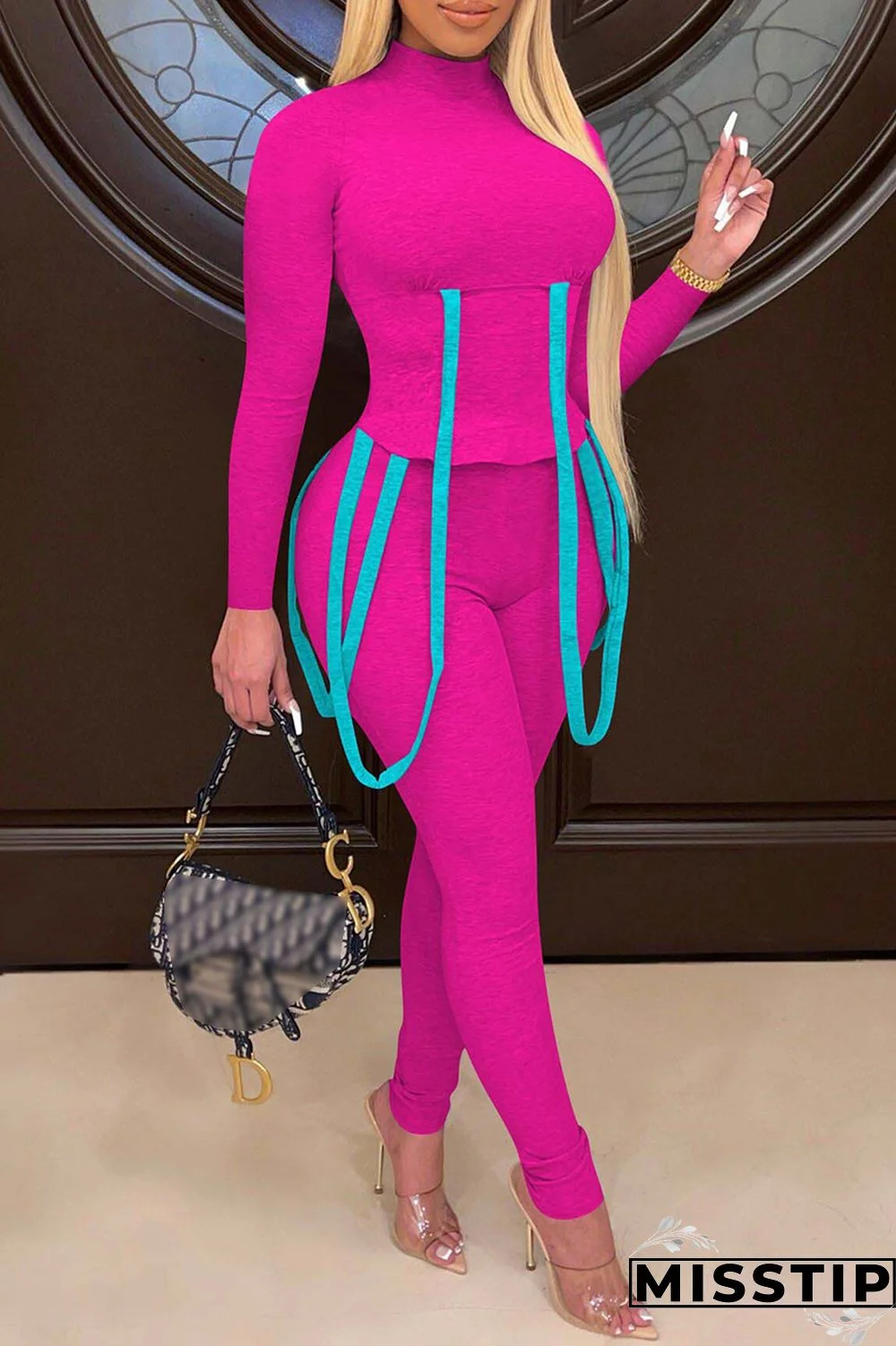 Blue Fashion Casual Solid Patchwork Turtleneck Long Sleeve Two Pieces