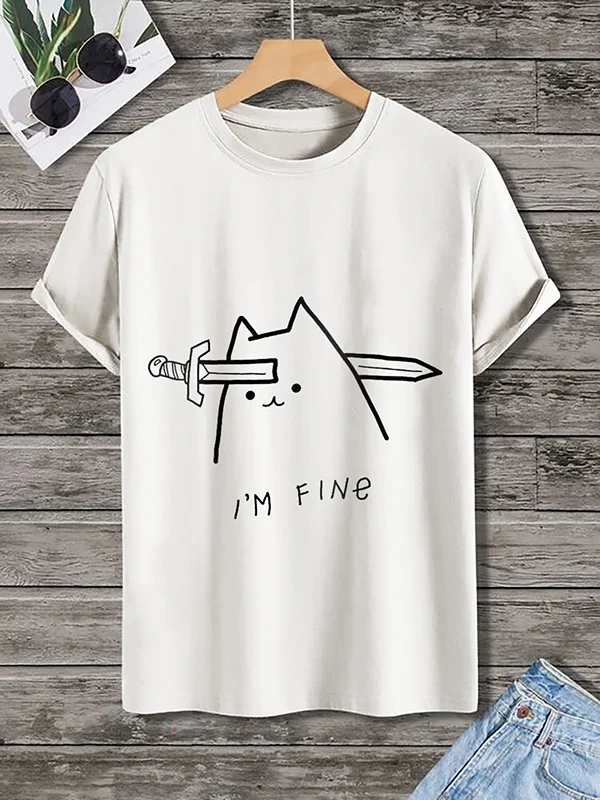 Men's The Sword Pierced The Kitten's Forehead Art Print Cotton Casual T-Shirt