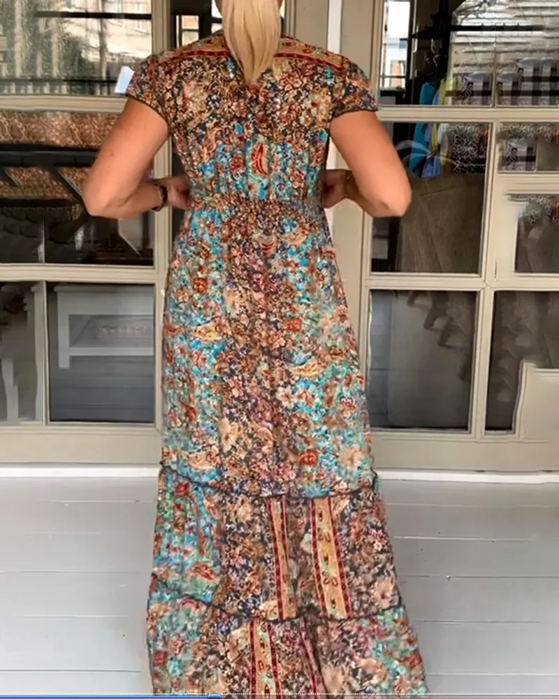 Retro hippie love peace V-neck Short Sleeved Long Dress main image 1