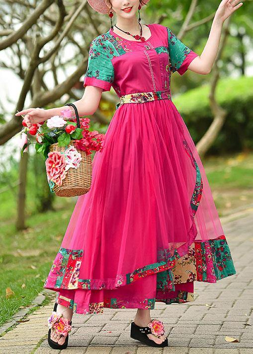 VCSHOES rose print cotton quilting clothes o neck patchwork tulle long summer Dress