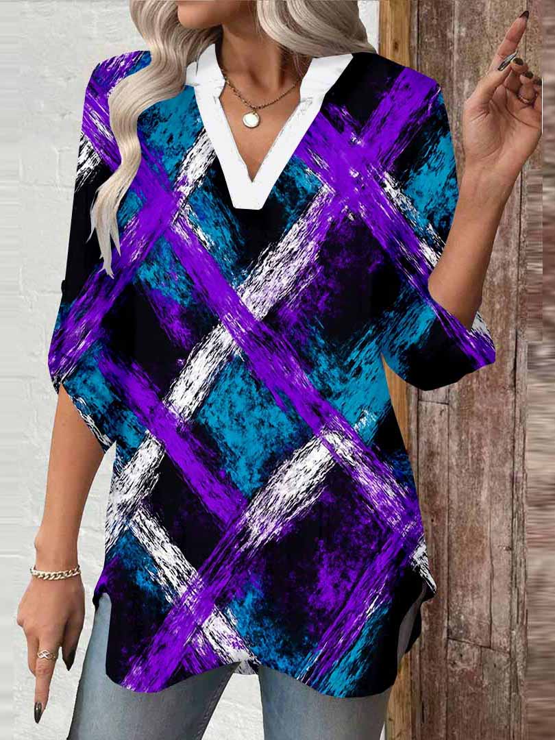 Women Purple, Tie-dyed,Ladynora DZGA0059 3/4 Sleeve V-neck Printed Graphic Button Tops