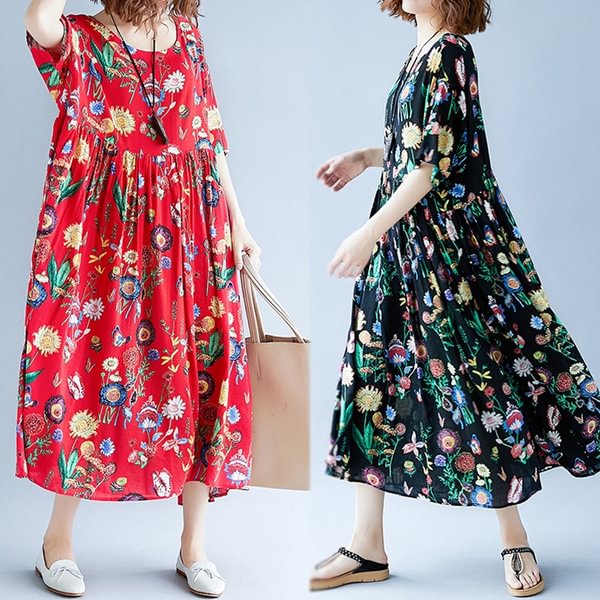 ZANZEA Summer Women Casual Floral Print Short Sleeve O Neck Bohemian Maxi Long Dress Sundress - Chicaggo