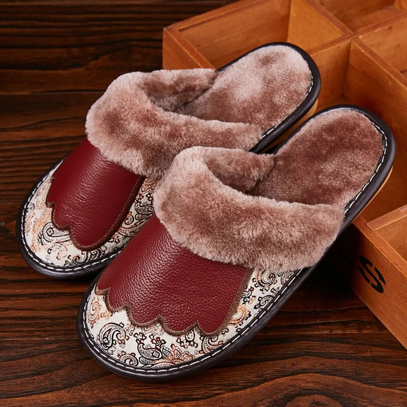 Genuine Leather Slippers Women Luxury Velvet Fur Slippers Pattern House Slippers Winter Indoor Slippers Living Soft Shoes Women