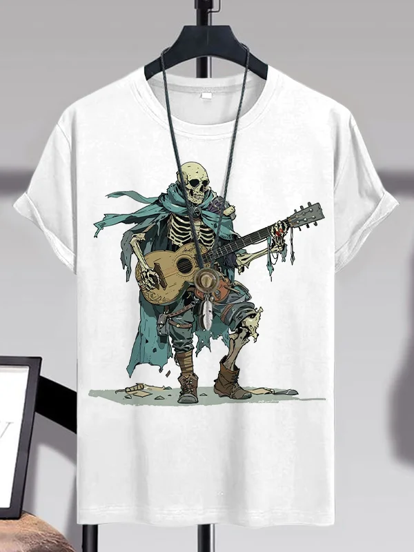 <💯Cotton> Men's Western Skeleton Playing Guitar Print Cotton Casual T-Shirt