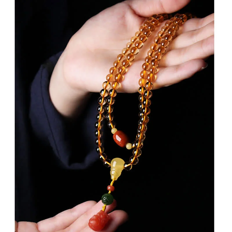 Natural Citrine Amber 108 Mala Beads Peace Buckle Red Agate PiXiu Protection Charm Bracelet