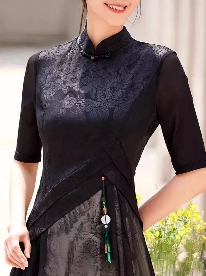 Chinese water painting pattern, long A-line Cheongsam