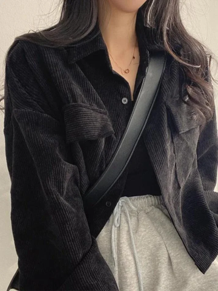 Brownm Vintage Corduroy Lapel Neck Button Long Sleeve Blouse