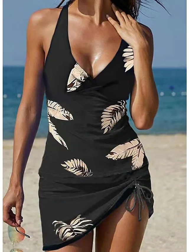 Women's Tankini 2 Piece Plus Size Swimsuit Open Back Printing Swimwear 