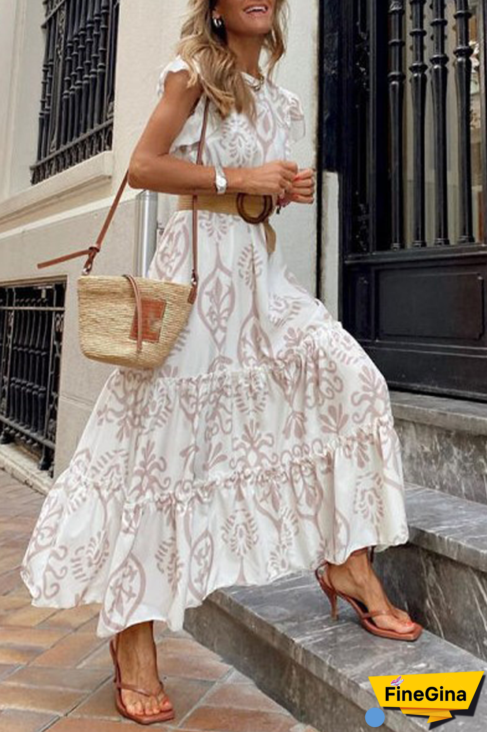 Casual Print Flounce O Neck Cake Skirt Dresses