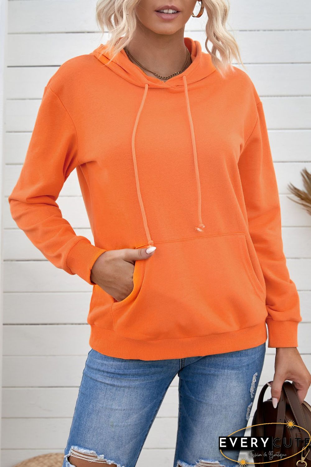 Orange Kangaroo Pocket Long Sleeve Pullover Hoodie