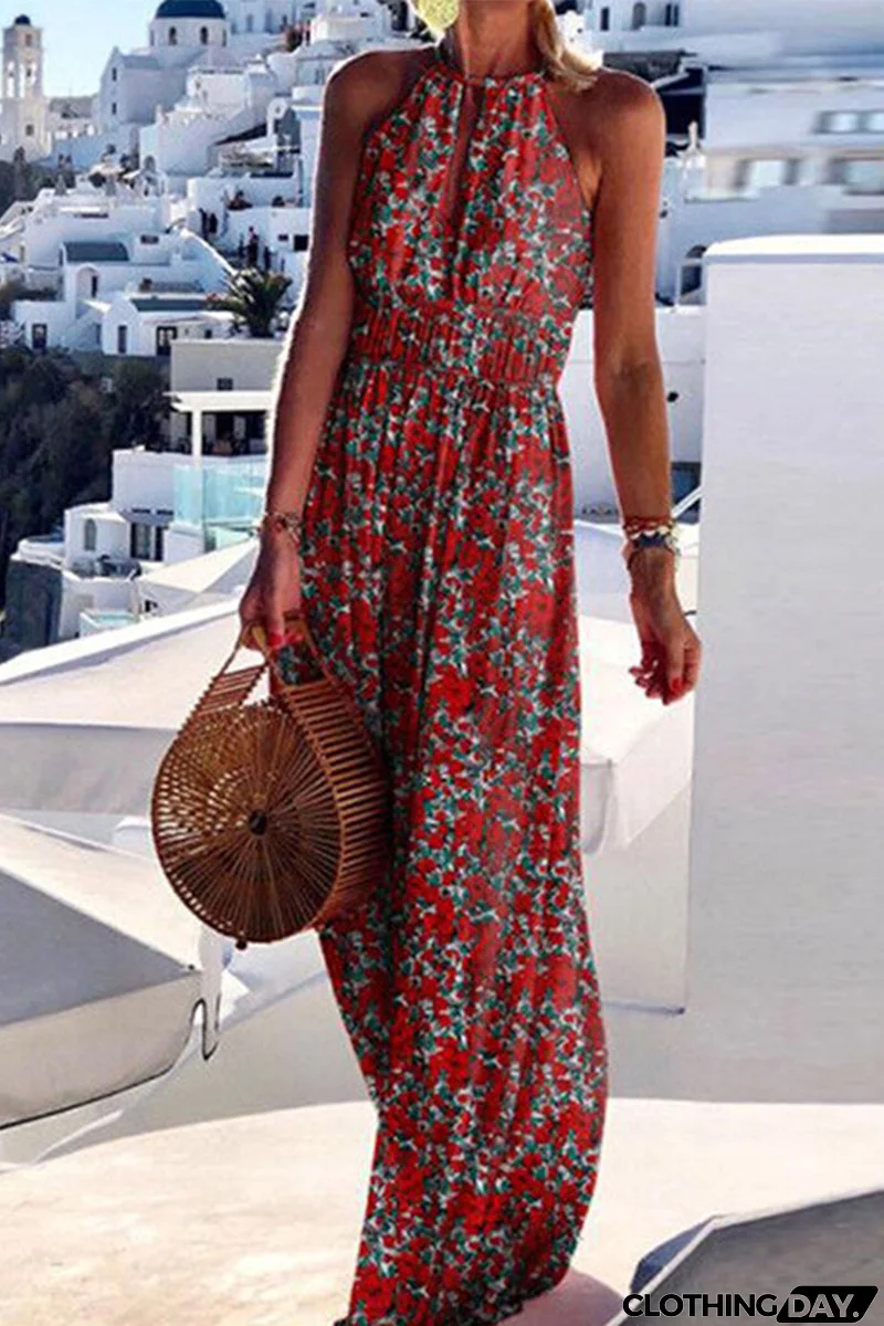 Street Geometric Print Printing Halter A Line Dresses(4 Colors)