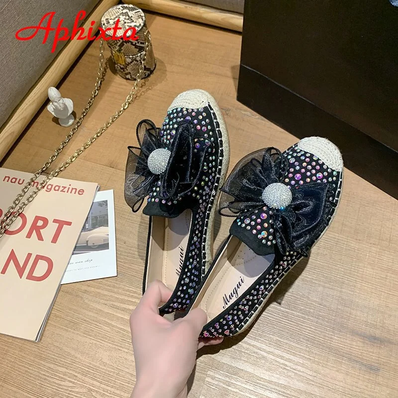 Aphixta Crystals Women Flats Shoes Bow Fisherman Flat Heel Bling Loafers Round Toe Cane Fabrics Flats Casual Ladies Footwear