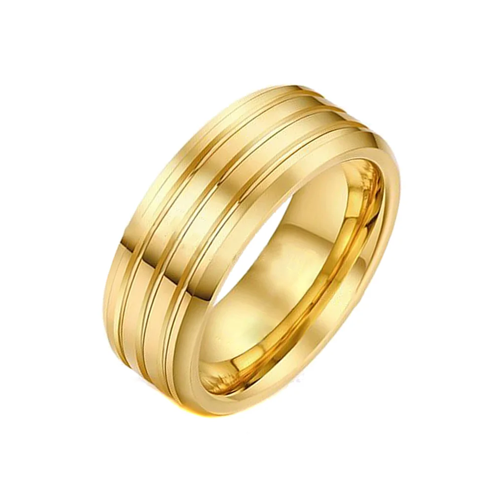 8MM Mens Tungsten Carbide Gold Plated Grooves Wedding Bands