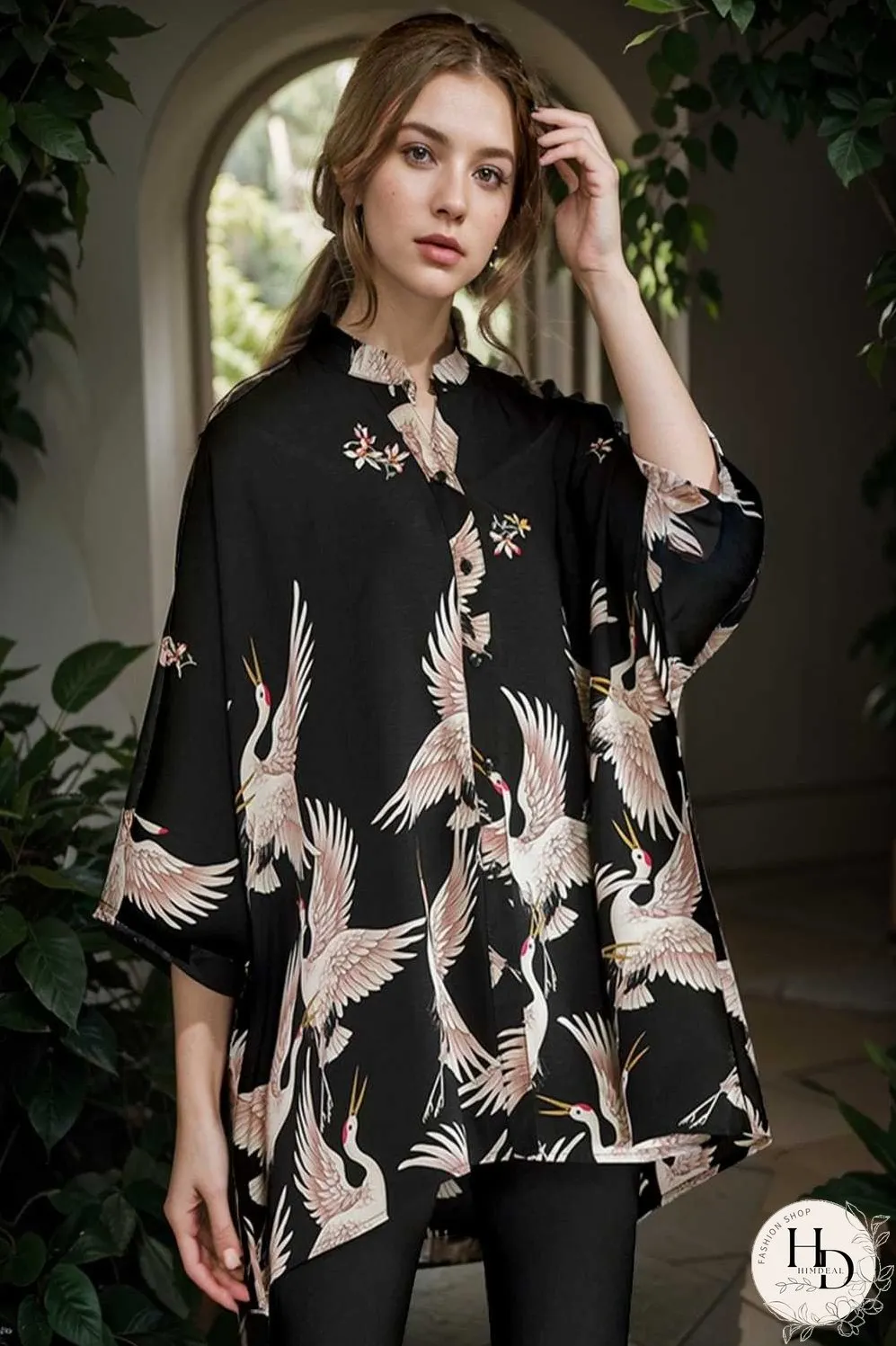 size curve blouses crane print loose oversized blouse