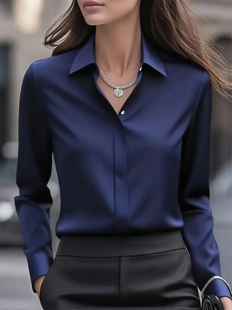 Satin Button-Down Long Sleeve Blouse