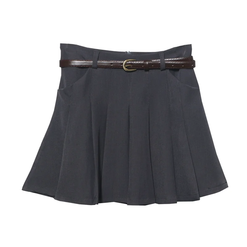 Uveng College Style Gray Half Skirt Short Skirt Small High-Waist A-Word Skirt Jk Skirt With Belt 8200