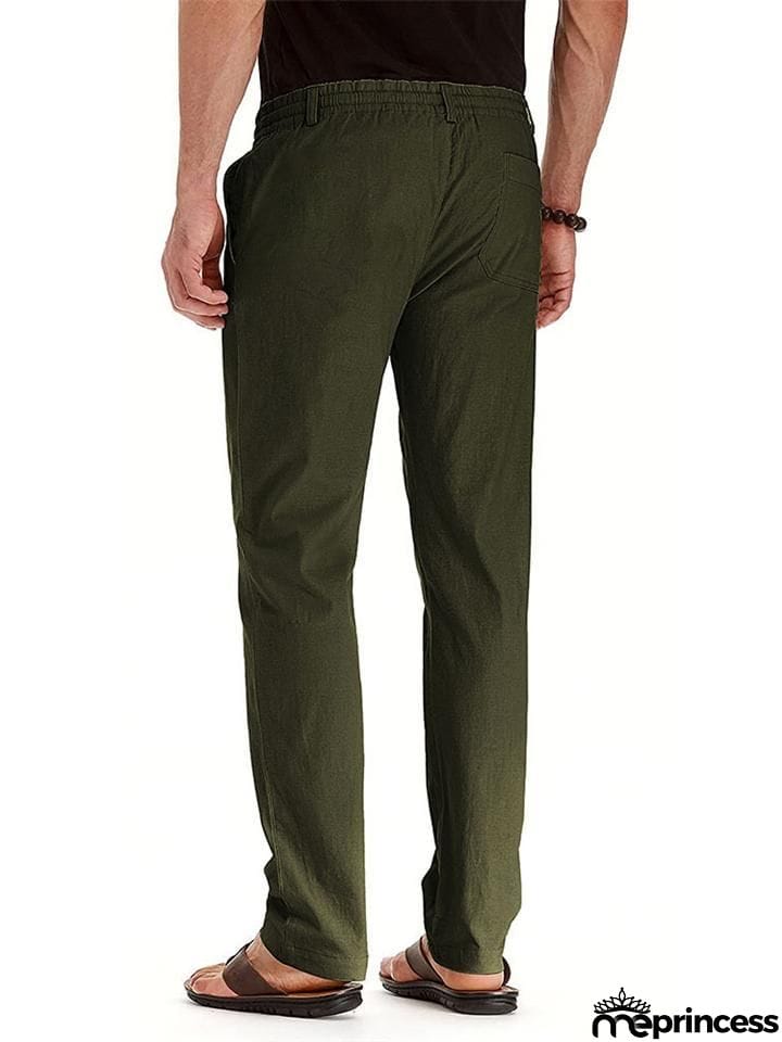 Men's Elastic Drawstring Waistband Casual Straight Cotton Pants