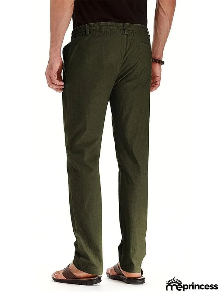 Men's Elastic Drawstring Waistband Casual Straight Cotton Pants