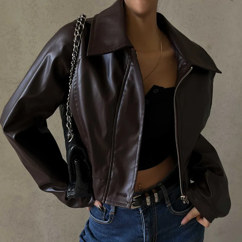 Uveng Uveng Women's Fall 2023 New Vintage Temperament Lapel Zipper PU Leather Casual Jacket Coat